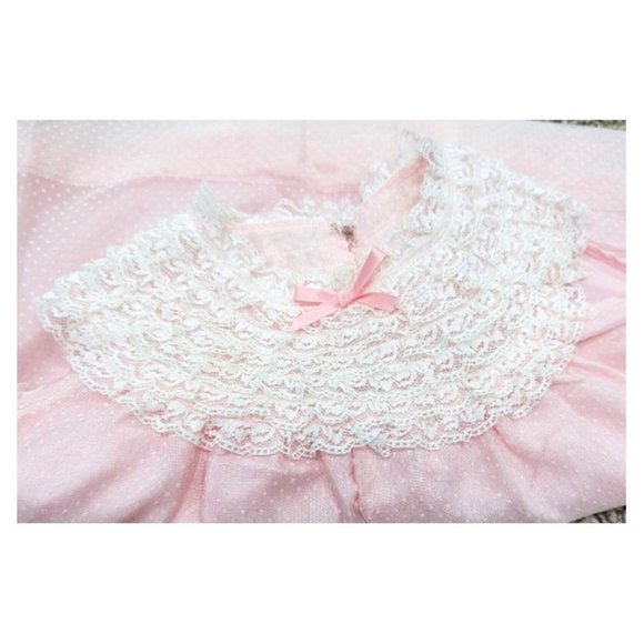 Vtg Baby Girl Pink Sheer Dot Swiss Dress Lace Frill Collar Handmade Size 6-12 mo - Picture 3 of 5